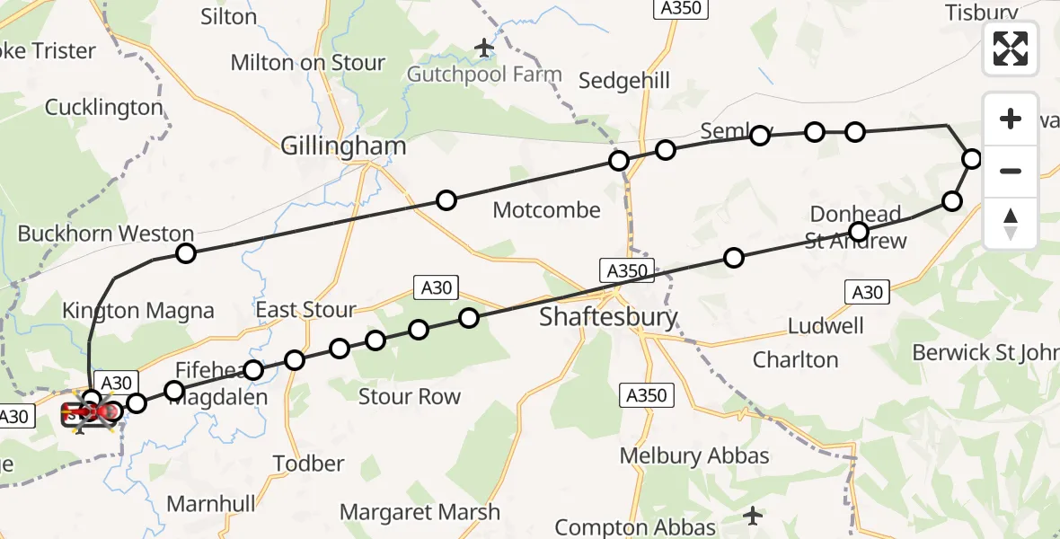 Flight path map showing Air Ambulance Helicopter route from Henstridge Airfield to Henstridge Airfield