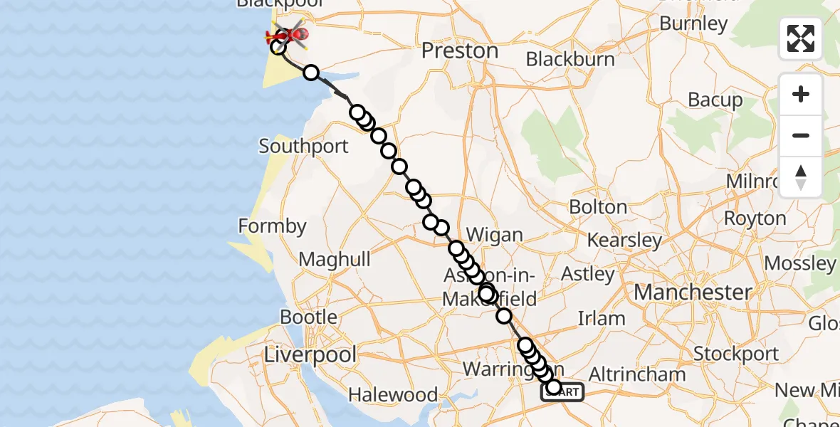 Routekaart van de vlucht: Air Ambulance Helicopter to Blackpool Airport