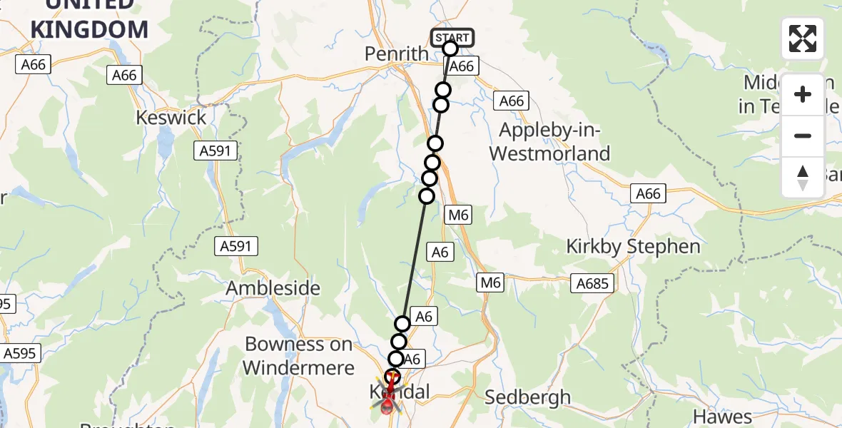 Flight path map showing Air Ambulance Helicopter route from Langwathby to Kendal
