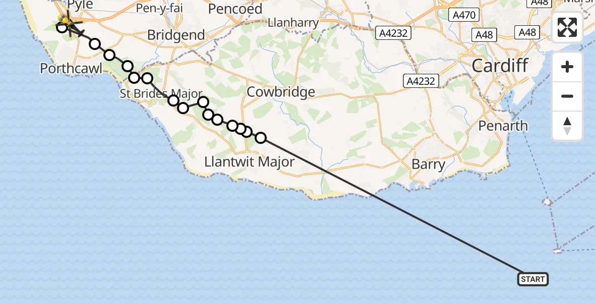 Flight path map showing Police Helicopter route from Bristol Channel to South Cornelly