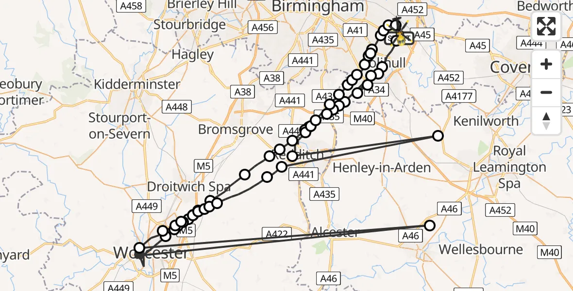 Flight path map showing Police Helicopter route from Birmingham Airport to Birmingham Airport
