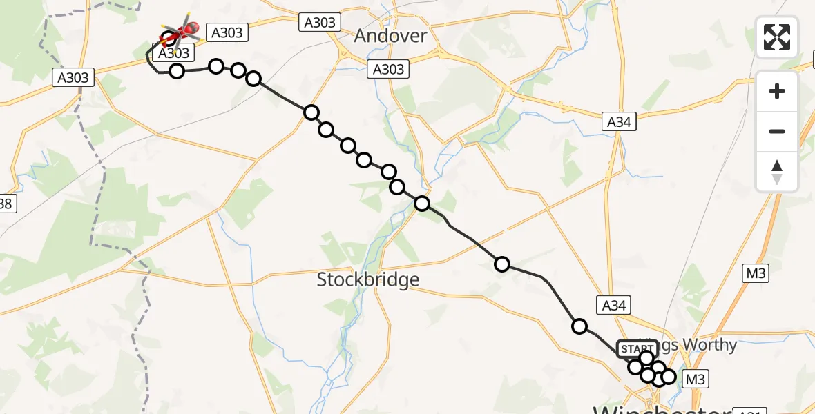 Flight path map showing Air Ambulance Helicopter route from Littleton to Thruxton Aerodrome