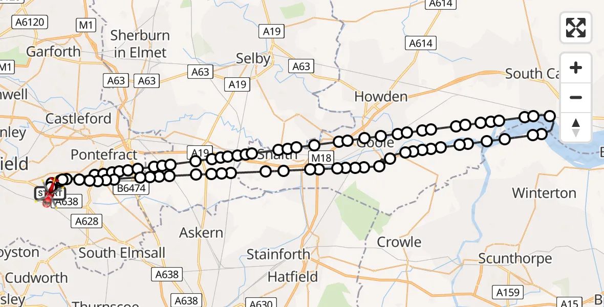 Flight path map showing Air Ambulance Helicopter route from YAA Nostell Helicopter Port to YAA Nostell Helicopter Port