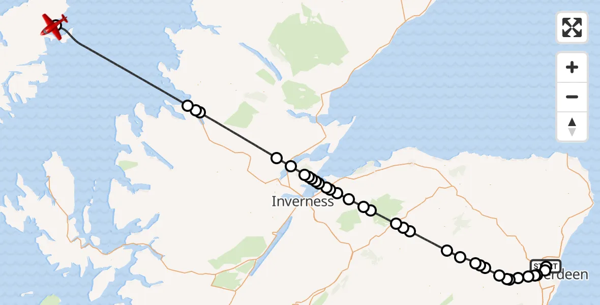 Flight path map showing Air Ambulance Aircraft route from Aberdeen International Airport to Am Bac