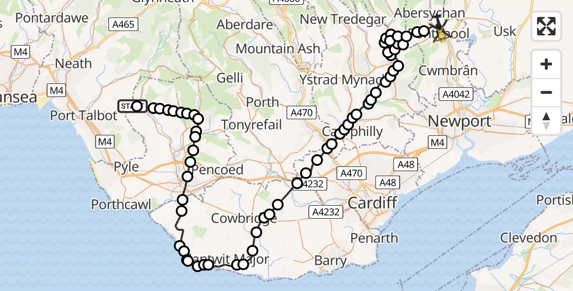 Flight path map showing Police Helicopter route from Bryn to Pontypool