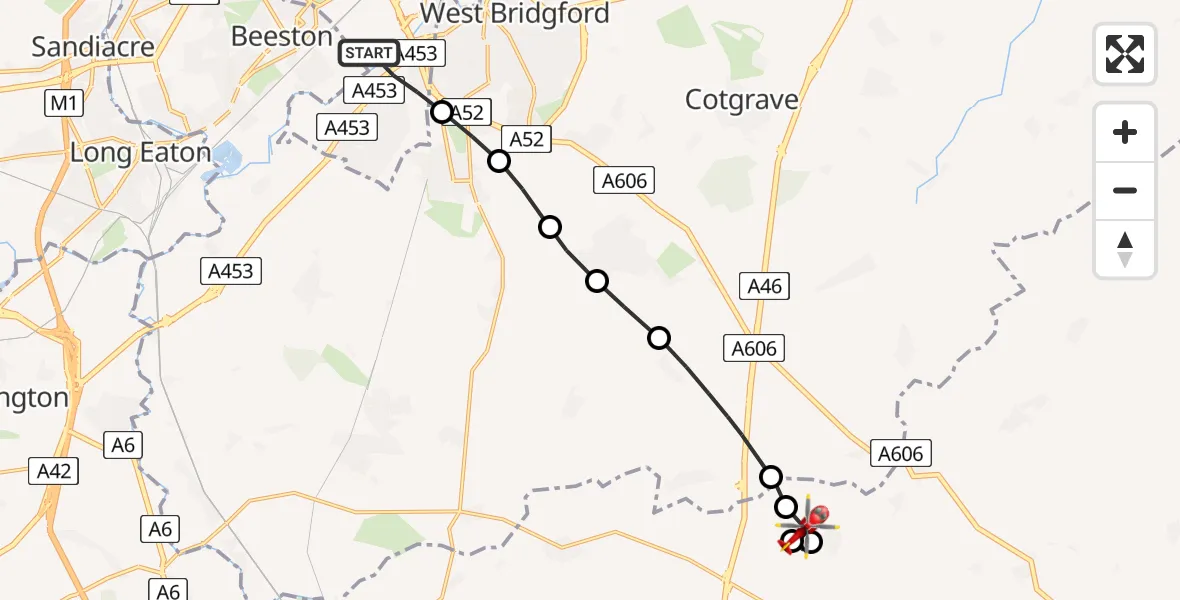 Flight path map showing Air Ambulance Helicopter route from City of Nottingham to Melton