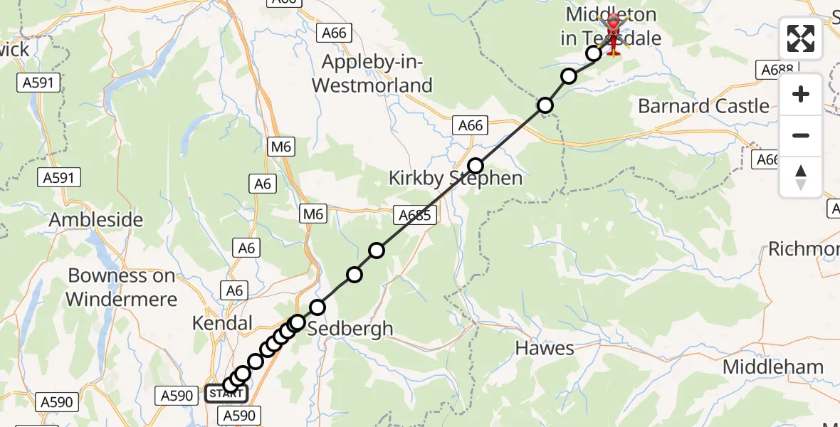 Flight path map showing Air Ambulance Helicopter route from Hincaster to Lonton
