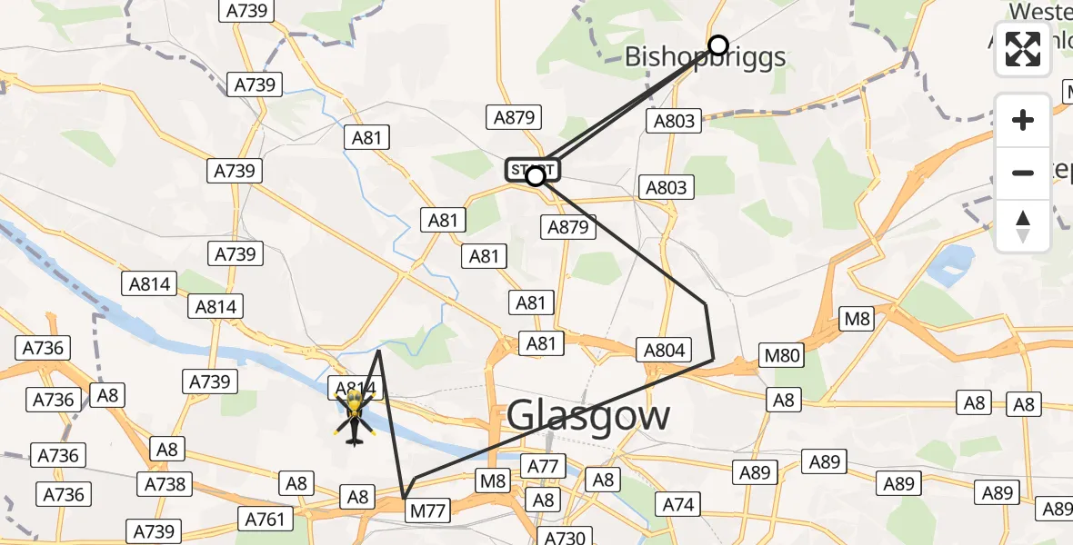 Flight path map showing Police Helicopter route from Glasgow to Glasgow City Heliport