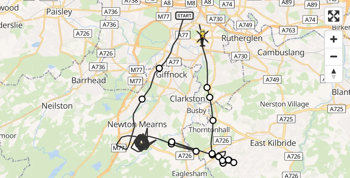 Flight path map showing Police Helicopter route from Glasgow to Glasgow