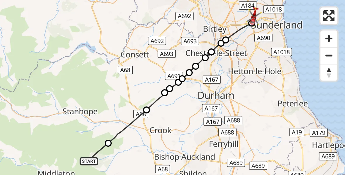 Flight path map showing Air Ambulance Helicopter route from South Bedburn to Sunderland