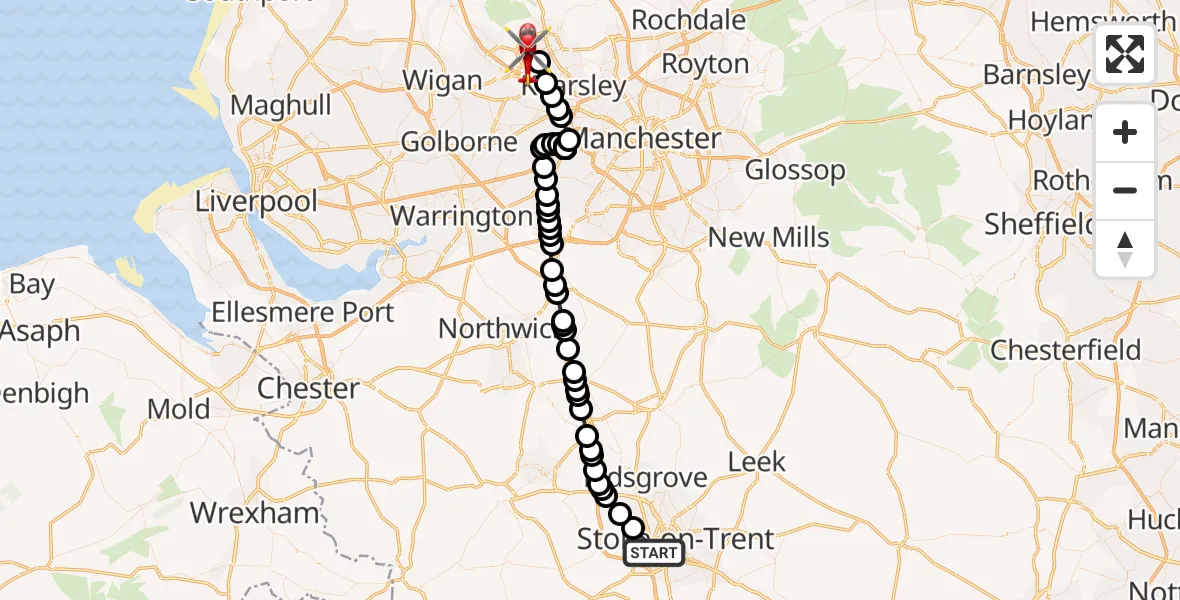 Flight path map showing Air Ambulance Helicopter route from Newcastle-under-Lyme to Bolton