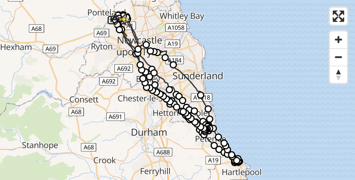 Flight path map showing Police Helicopter route from Newcastle International Airport to Newcastle International Airport