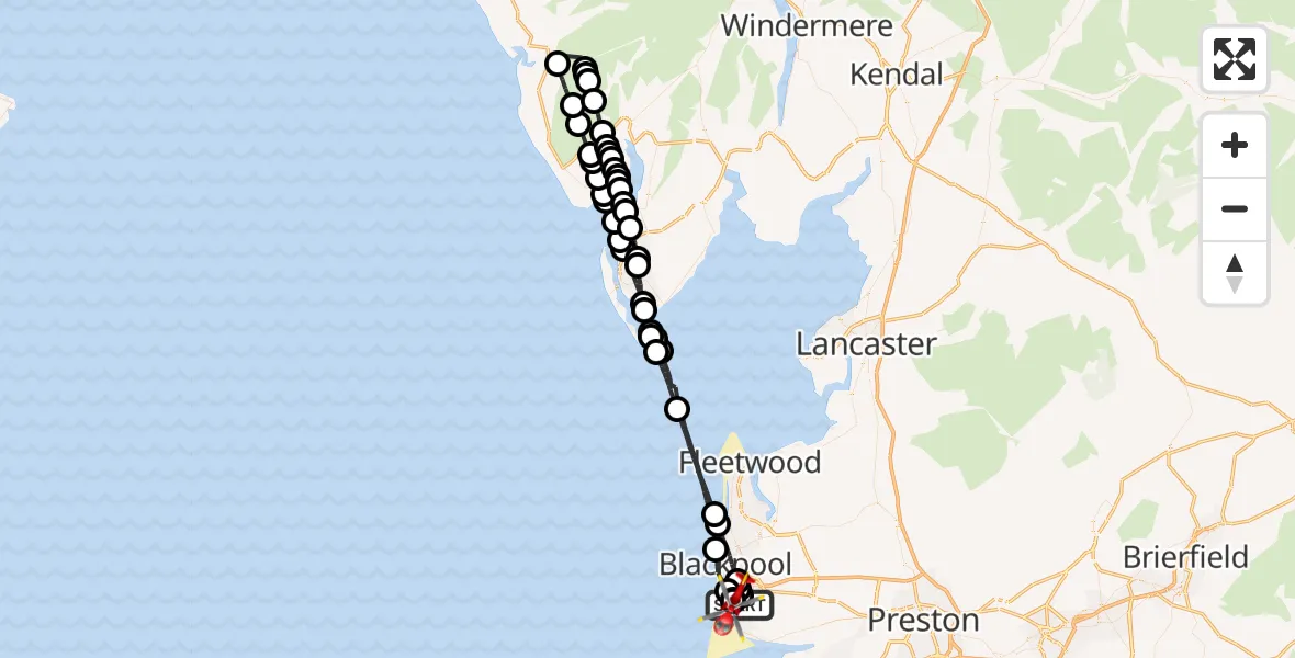 Flight path map showing Air Ambulance Helicopter route from Blackpool Airport to Blackpool Airport