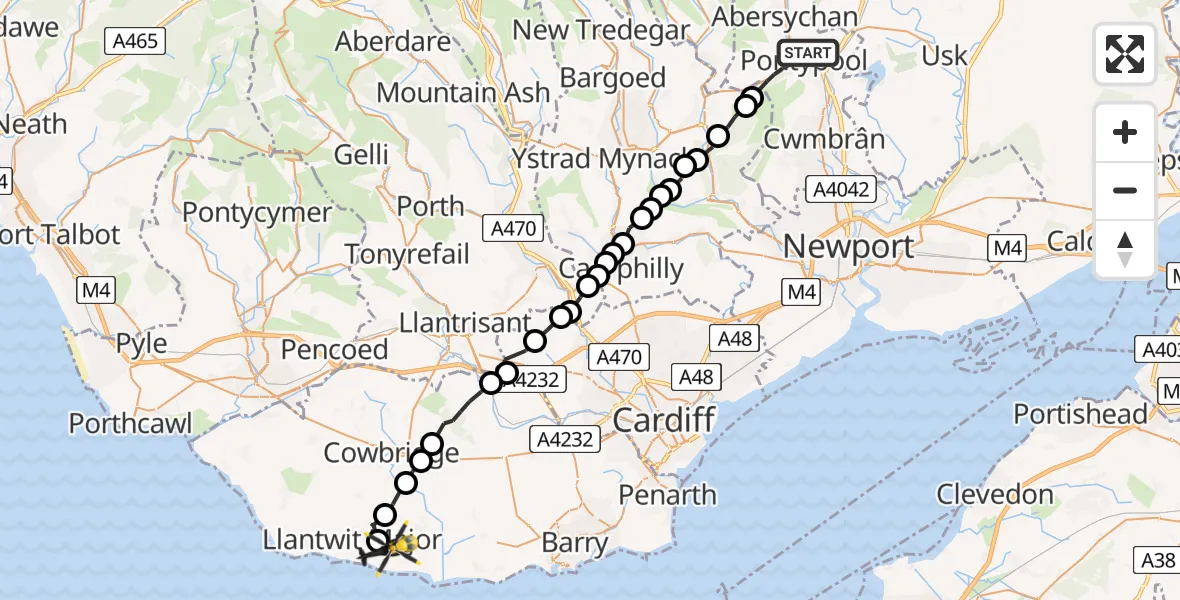 Flight path map showing Police Helicopter route from Pontypool to MOD St Athan