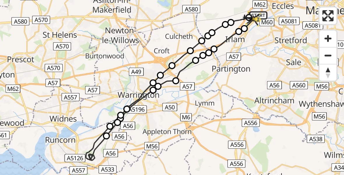Flight path map showing Police Helicopter route from Manchester Barton Aerodrome to Manchester Barton Aerodrome