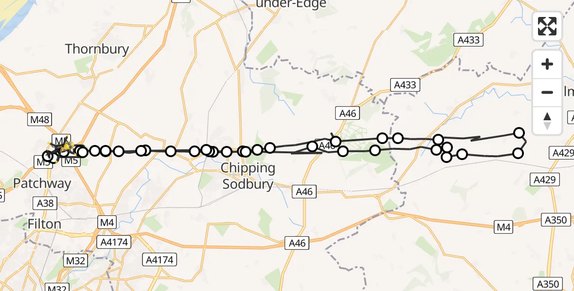 Flight path map showing Police Helicopter route from Woodlands to Almondsbury Helicopter Base