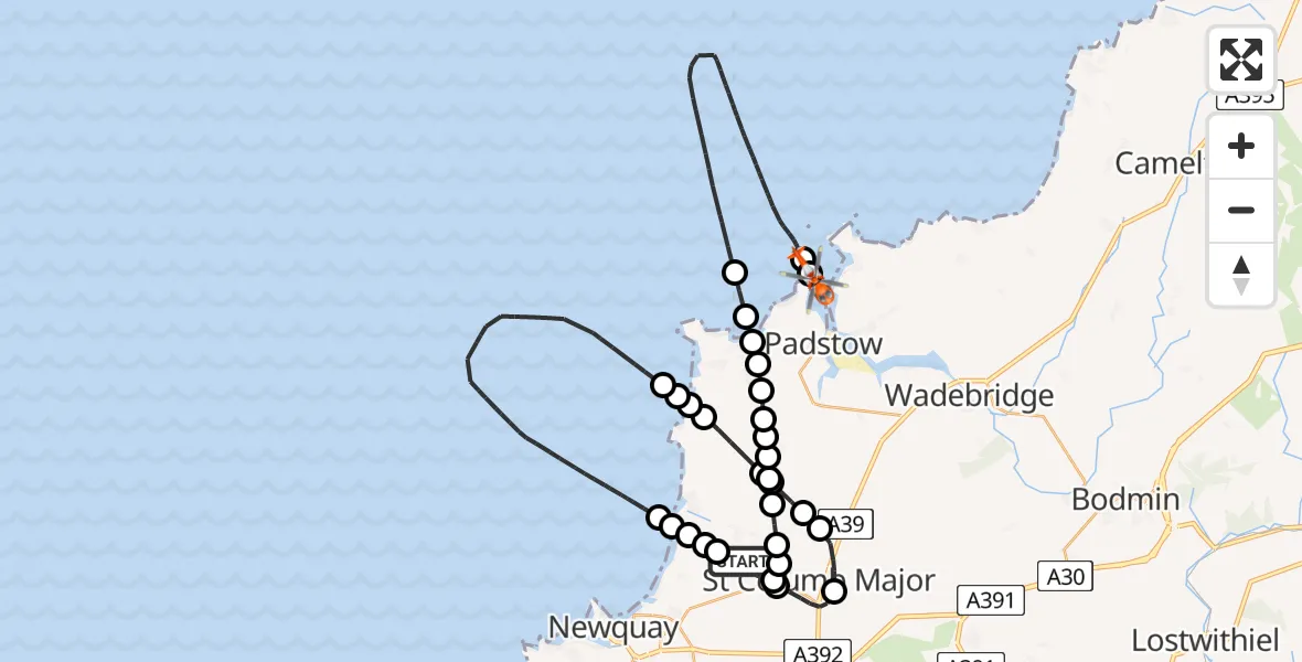 Flight path map showing Coastguard Helicopter route from Cornwall Airport Newquay to Padstow