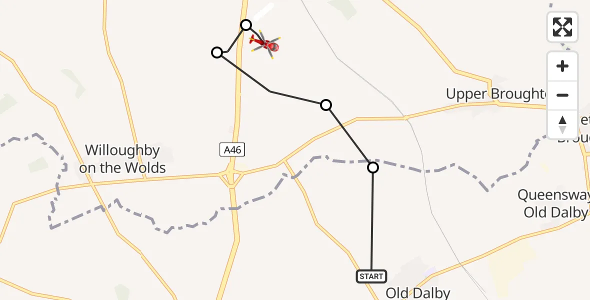 Flight path map showing Air Ambulance Helicopter route from Old Dalby to Nottingham Heliport