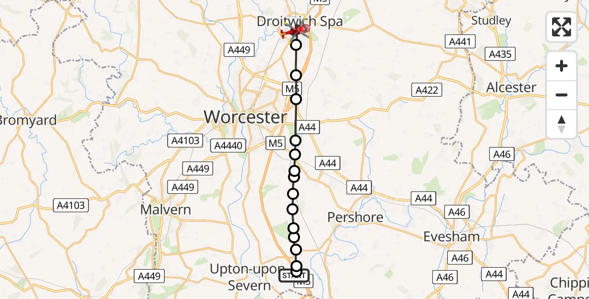 Flight path map showing Air Ambulance Helicopter route from Hill Croome to Droitwich Spa