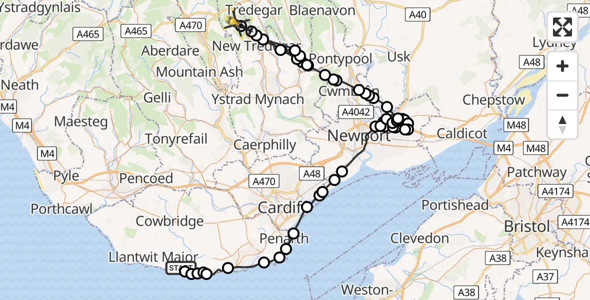 Flight path map showing Police Helicopter route from Gileston to Tredegar