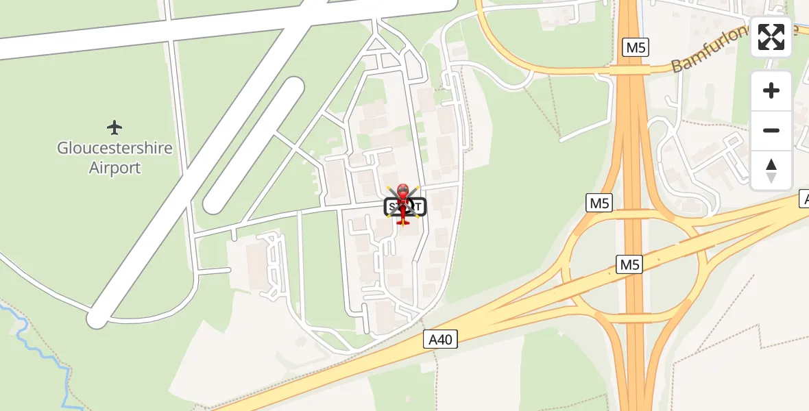 Flight path map showing Air Ambulance Helicopter route from Gloucestershire Airport to Tewkesbury