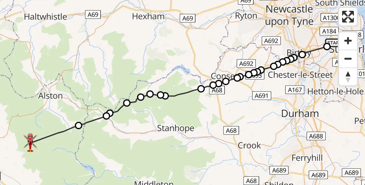 Flight path map showing Air Ambulance Helicopter route from Sunderland to Ousby