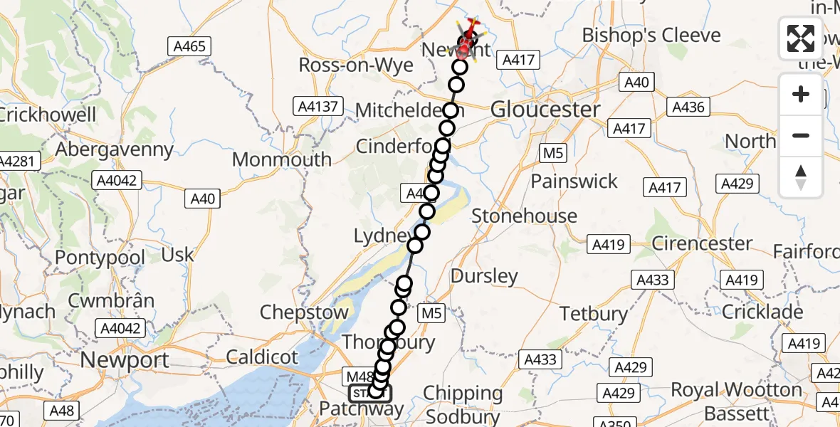 Flight path map showing Air Ambulance Helicopter route from Almondsbury Helicopter Base to Newent