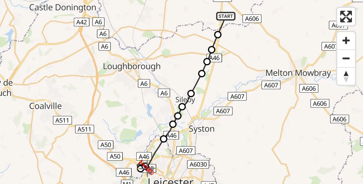 Flight path map showing Air Ambulance Helicopter route from Rushcliffe to Leicester
