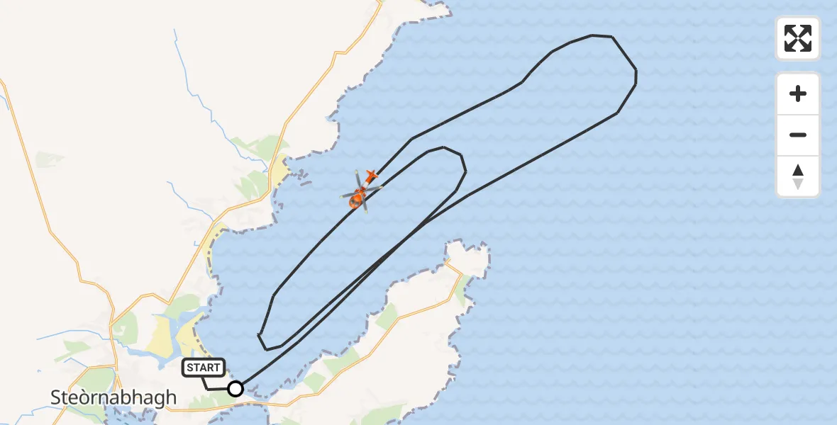 Flight path map showing Coastguard Helicopter route from Stornoway Airport to Inner Seas