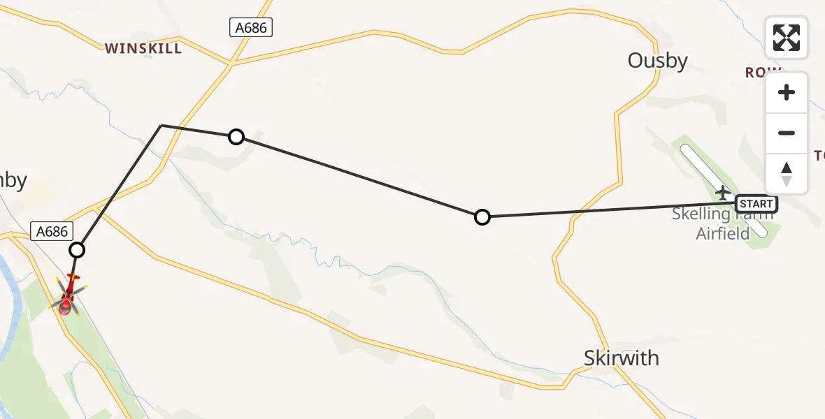 Flight path map showing Air Ambulance Helicopter route from Skelling Farm Glider Field to Langwathby