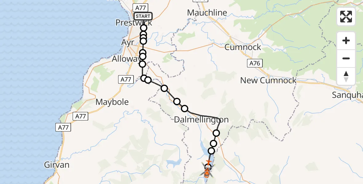 Flight path map showing Coastguard Helicopter route from Glasgow Prestwick Airport to Carsphairn