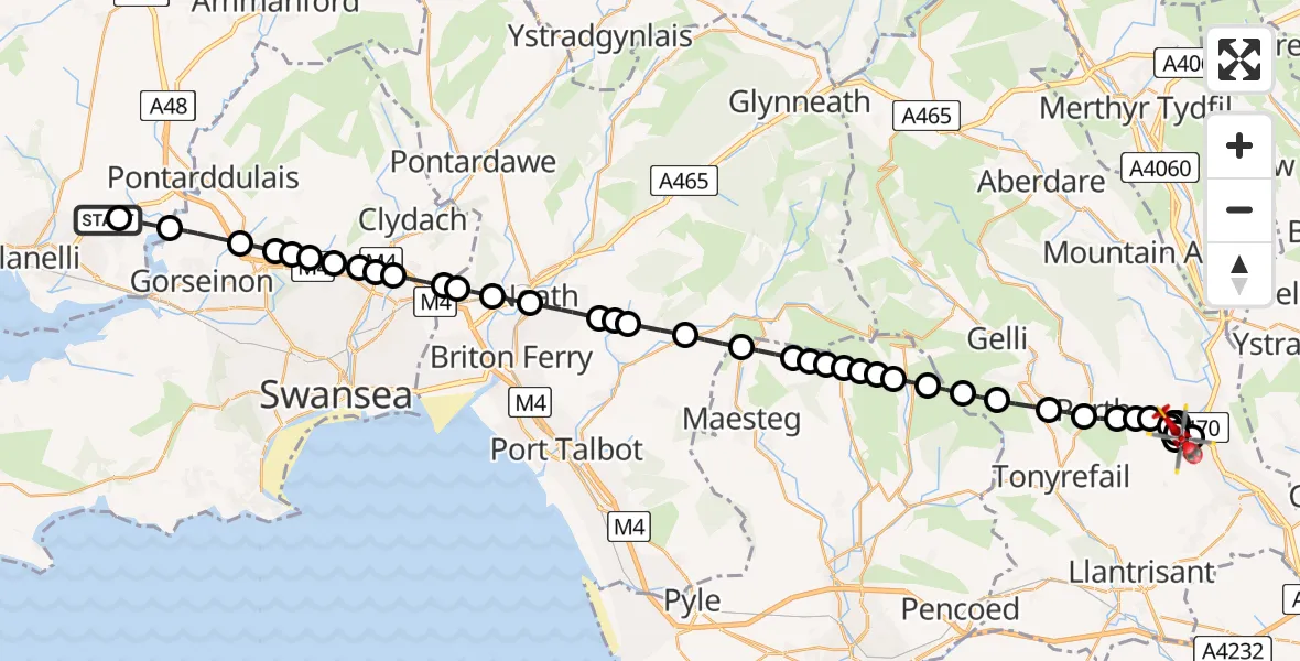 Flight path map showing Air Ambulance Helicopter route from Dafen to Maesycoed