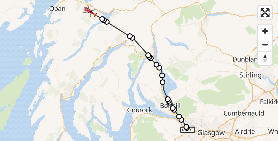 Flight path map showing Air Ambulance Helicopter route from Glasgow Airport to Taynuilt