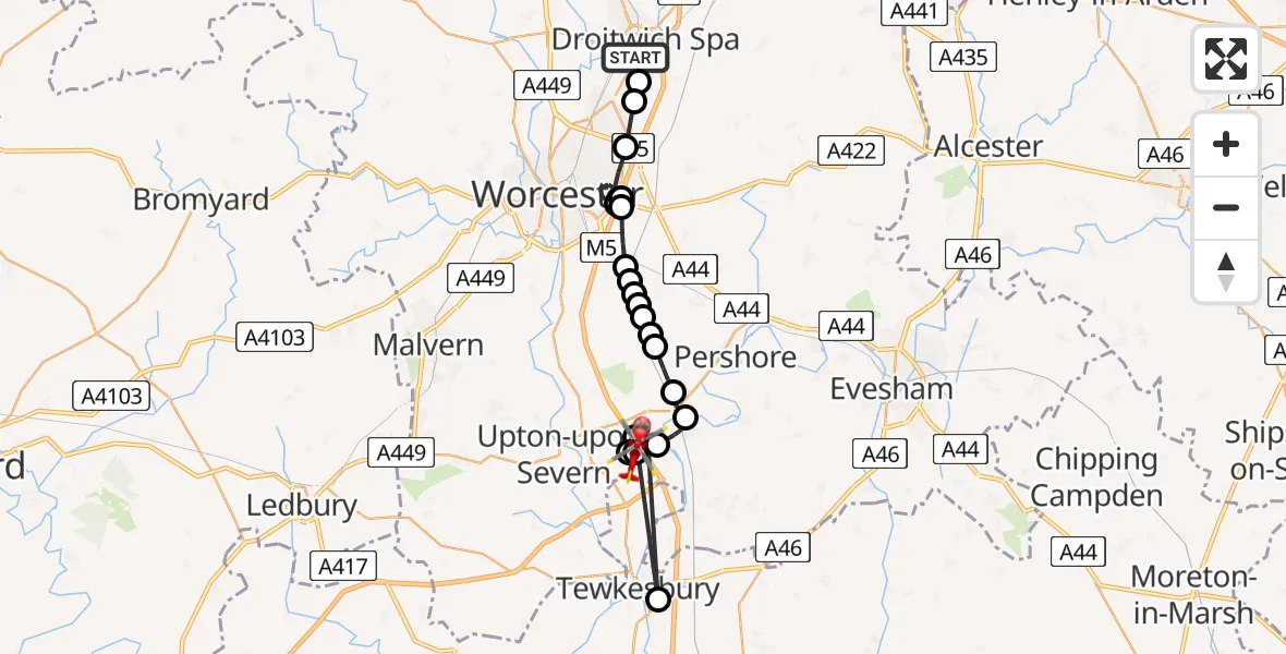 Flight path map showing Air Ambulance Helicopter route from Droitwich Spa to Hill Croome