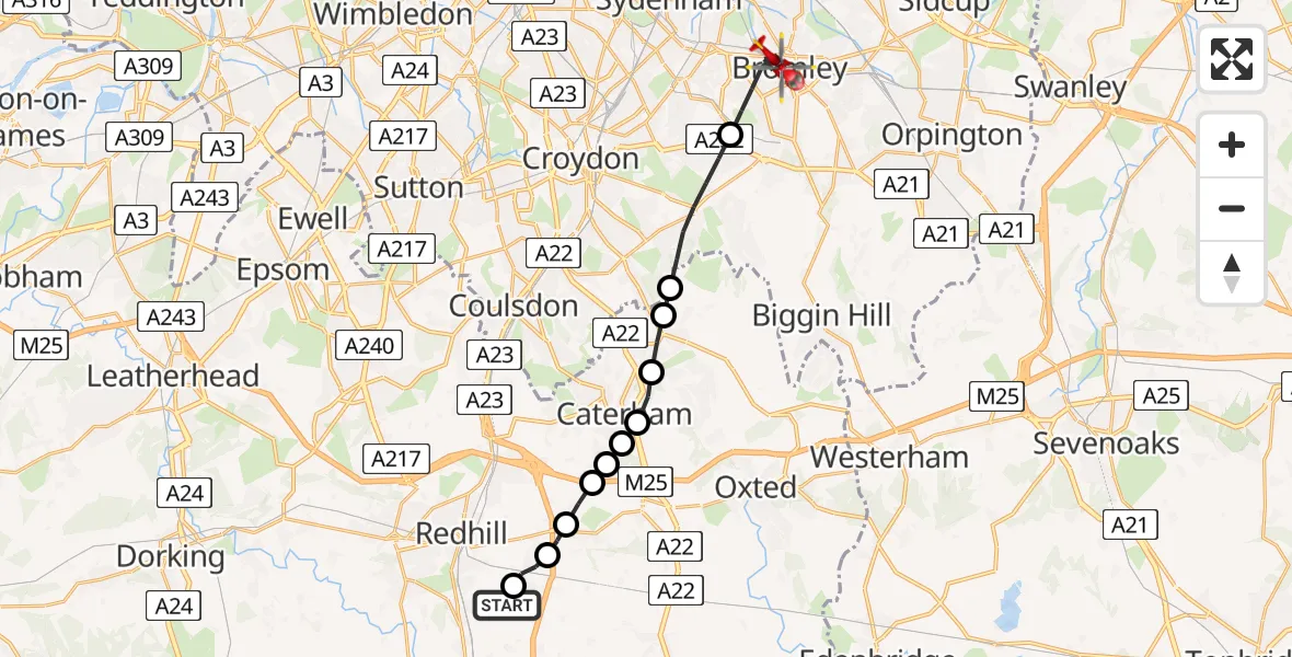 Flight path map showing Air Ambulance Helicopter route from Redhill Aerodrome to London Borough of Bromley