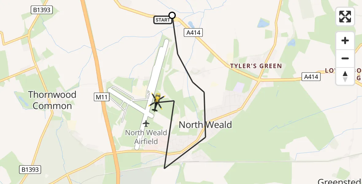 Flight path map showing Police Helicopter route from North Weald Airfield to North Weald Airfield