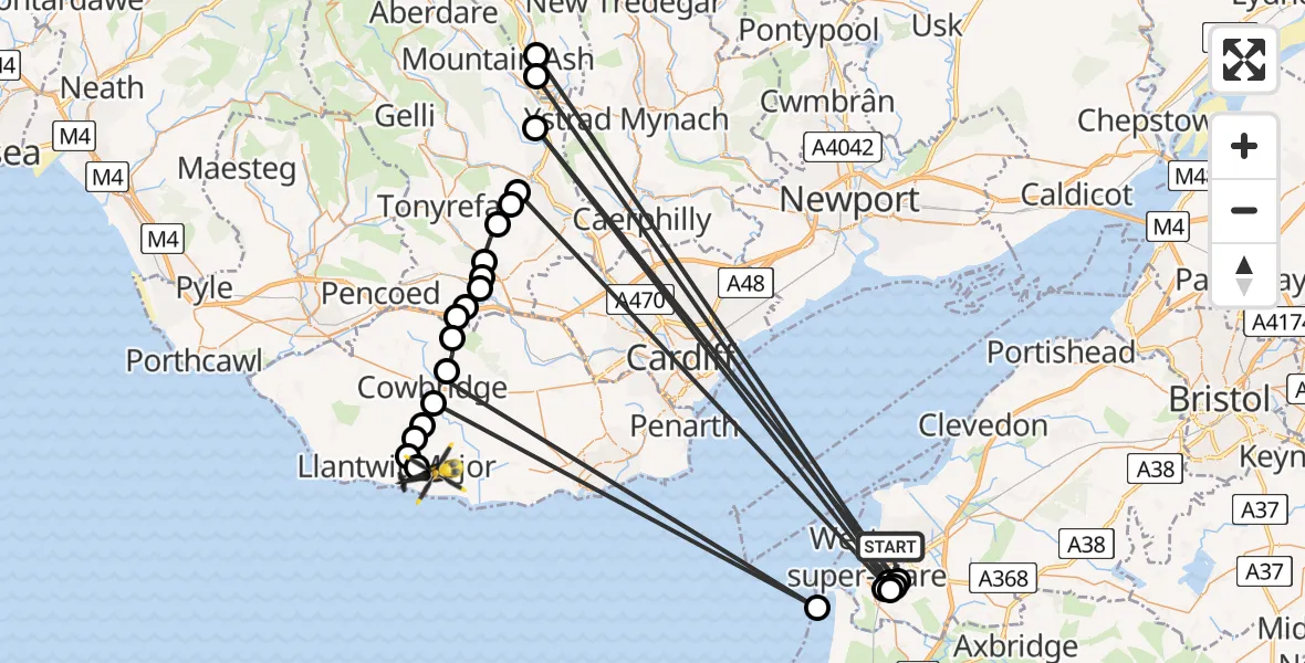 Flight path map showing Police Helicopter route from Weston-super-Mare to MOD St Athan