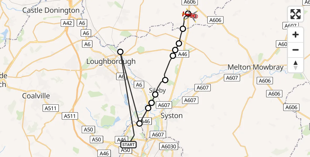 Flight path map showing Air Ambulance Helicopter route from Leicester to Rushcliffe