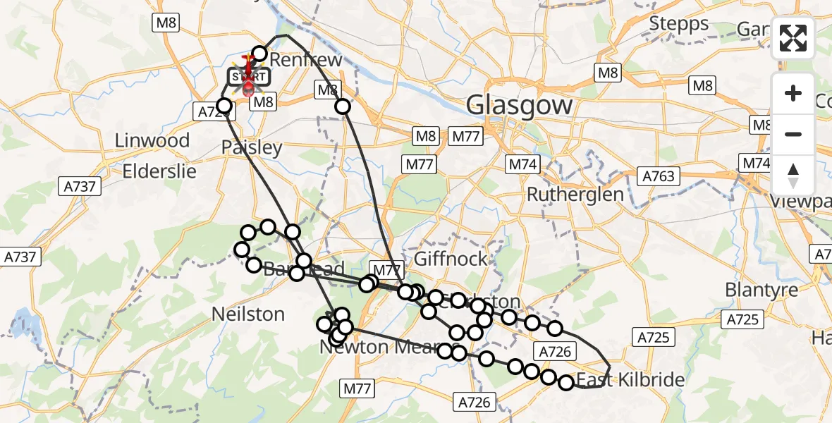 Flight path map showing Air Ambulance Helicopter route from Glasgow Airport to Glasgow Airport