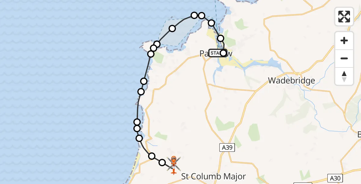 Flight path map showing Coastguard Helicopter route from Padstow to Cornwall Airport Newquay