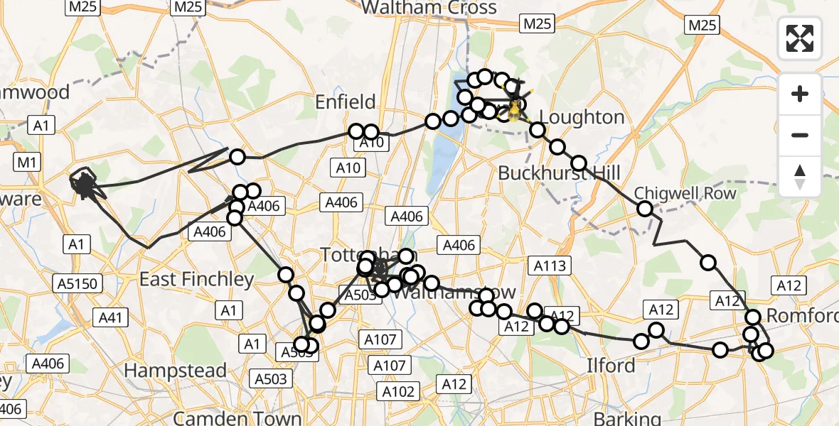 Flight path map showing Police Helicopter route from Sewardstonebury to Sewardstonebury
