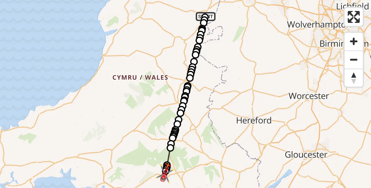 Flight path map showing Air Ambulance Helicopter route from Welshpool Airport to Hirwaun