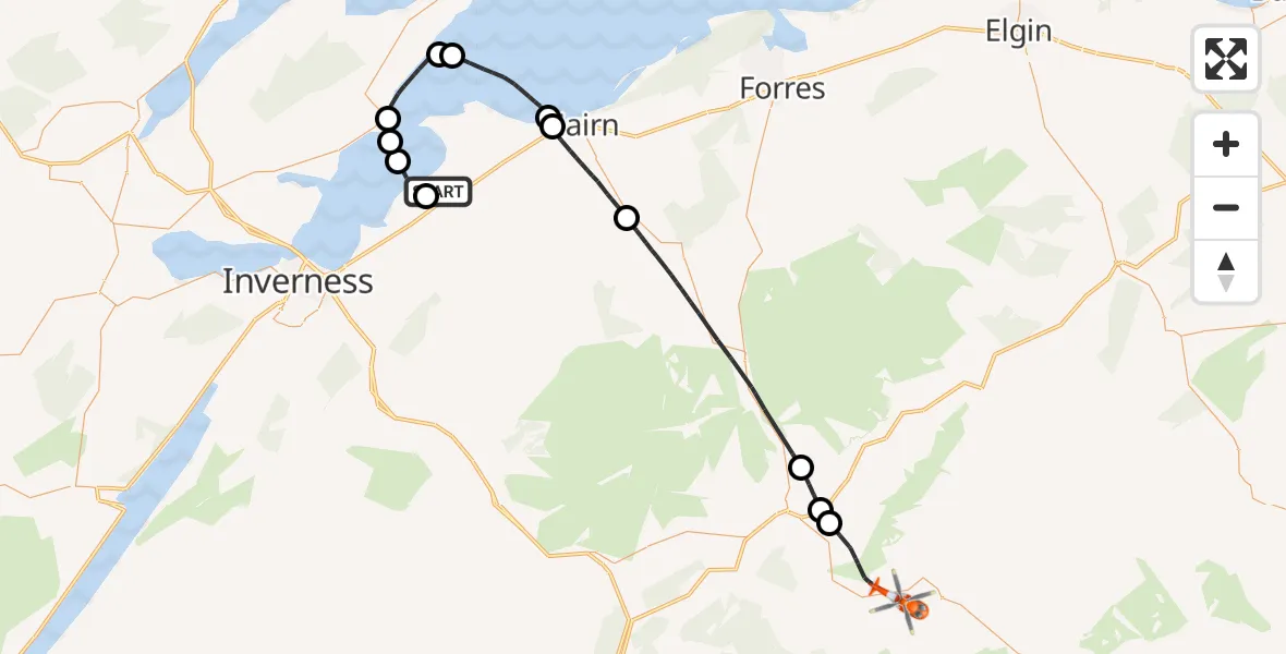 Flight path map showing Coastguard Helicopter route from Inverness Airport to Grantown-on-Spey