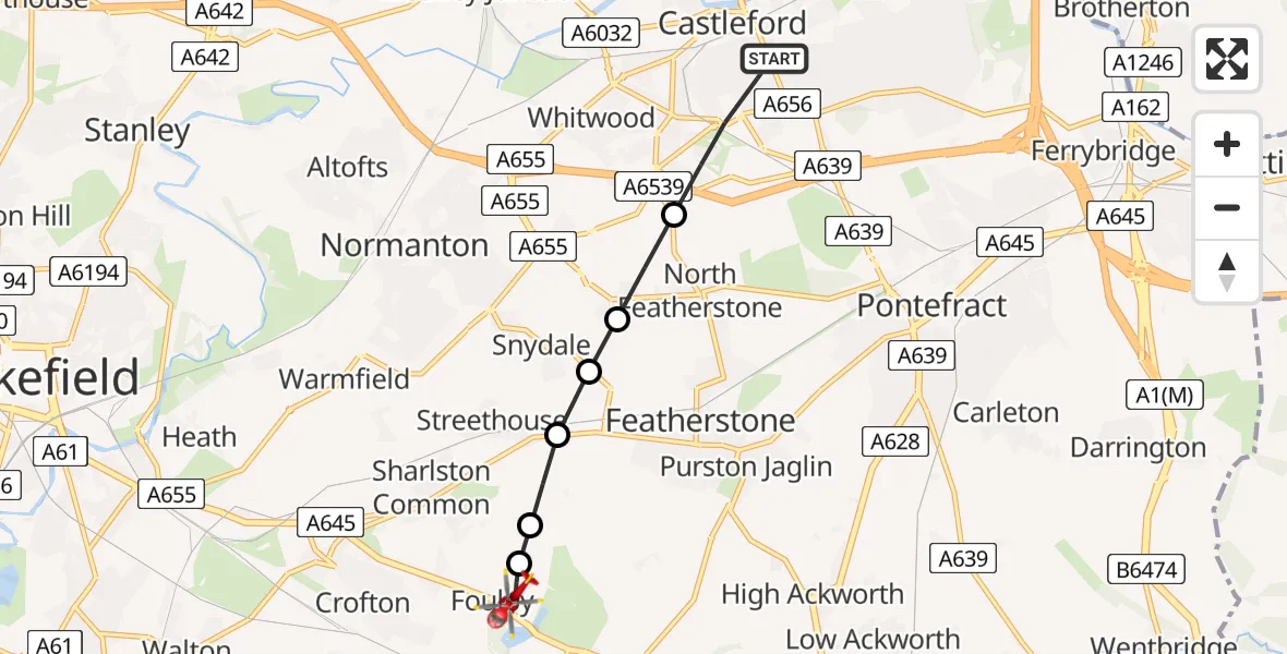 Flight path map showing Air Ambulance Helicopter route from Castleford to YAA Nostell Helicopter Port