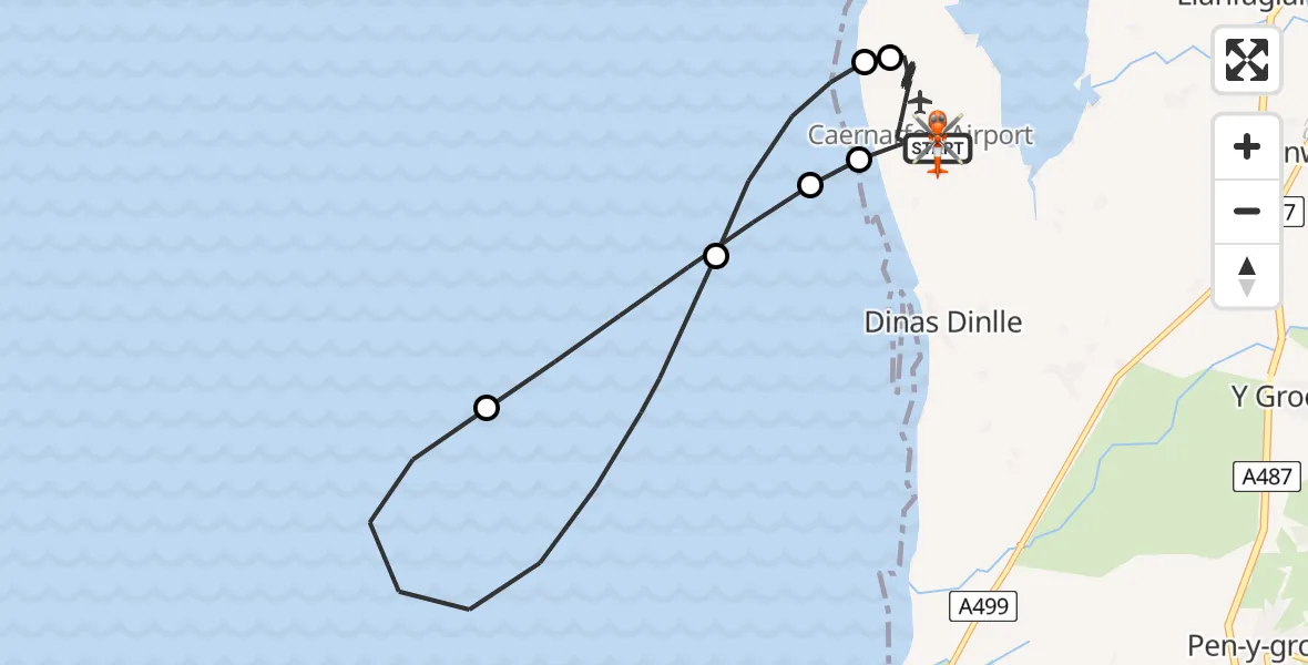 Flight path map showing Coastguard Helicopter route from Caernarfon Airport to Caernarfon Airport