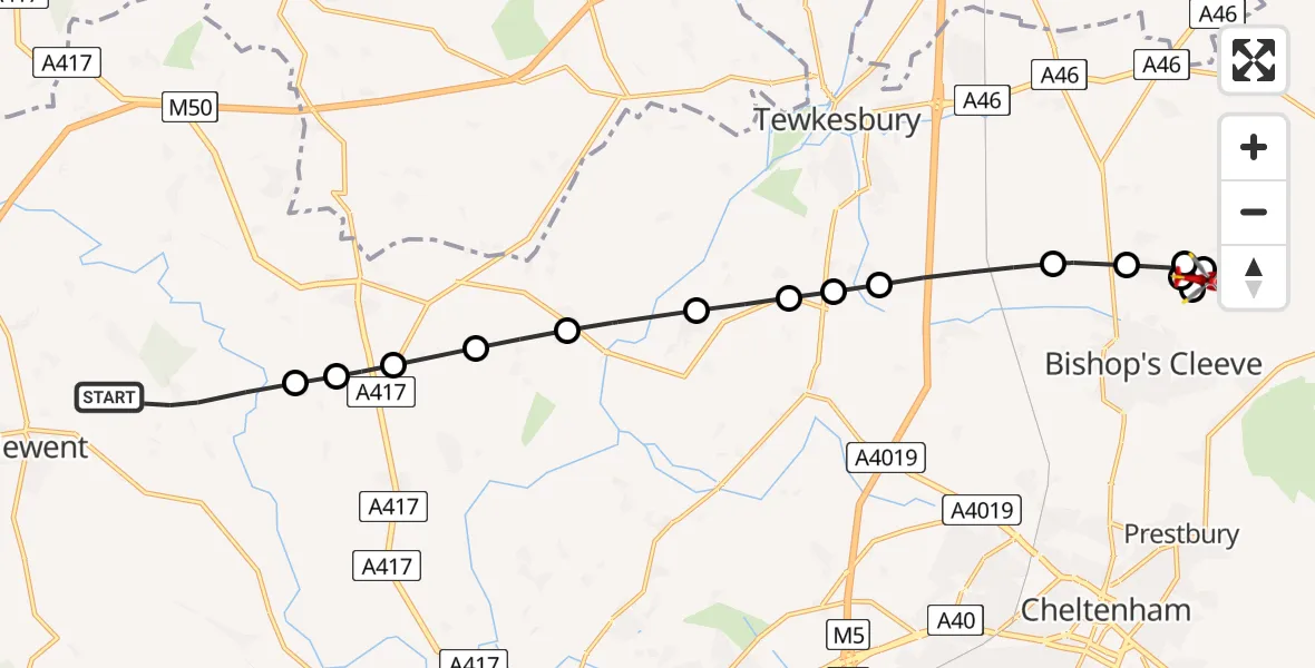 Flight path map showing Air Ambulance Helicopter route from Upleadon to Gotherington