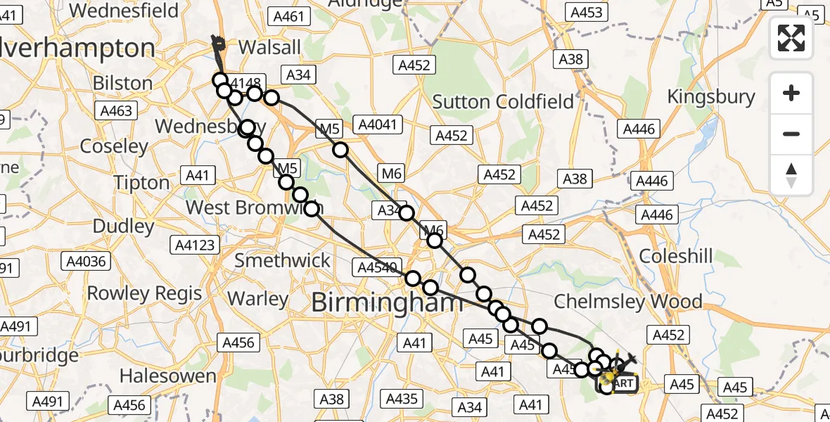 Flight path map showing Police Helicopter route from Birmingham Airport to Birmingham Airport
