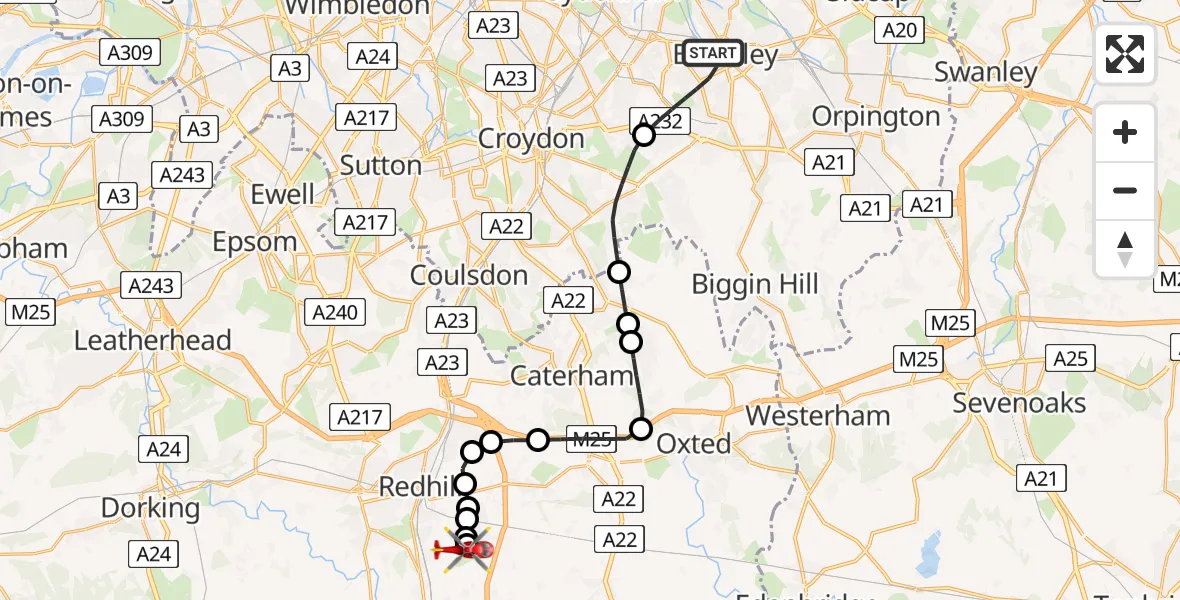 Flight path map showing Air Ambulance Helicopter route from London Borough of Bromley to Redhill Aerodrome