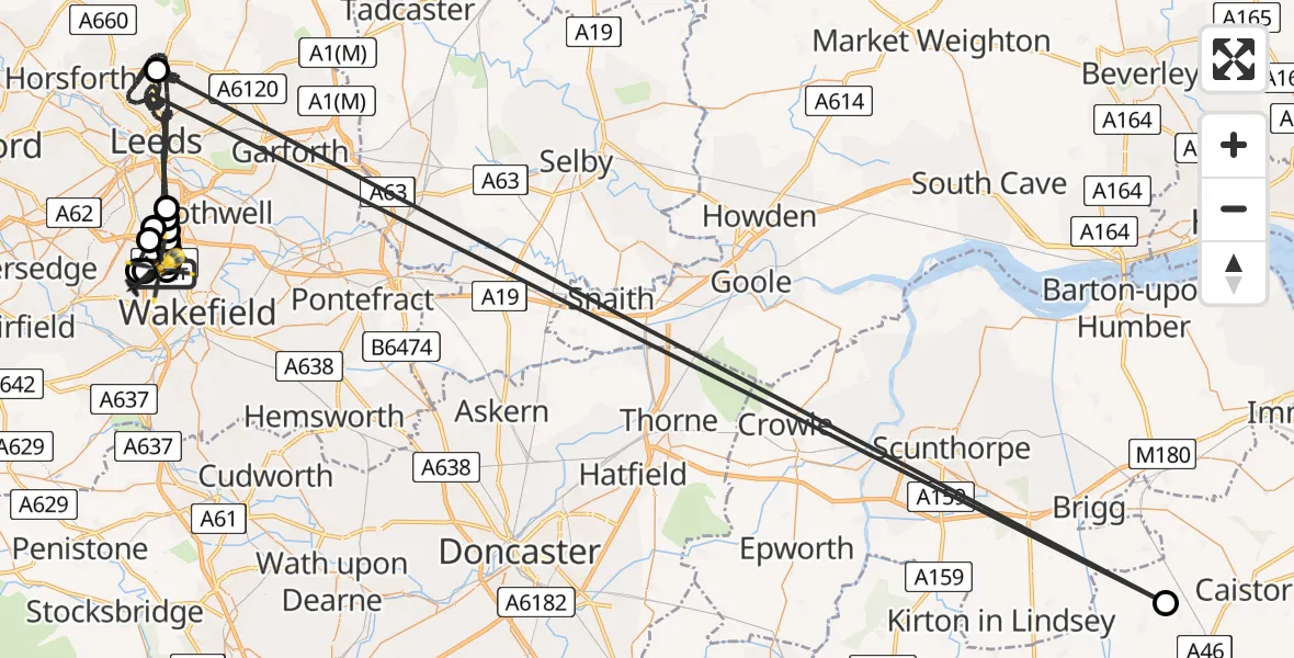 Flight path map showing Police Helicopter route from East Ardsley to East Ardsley