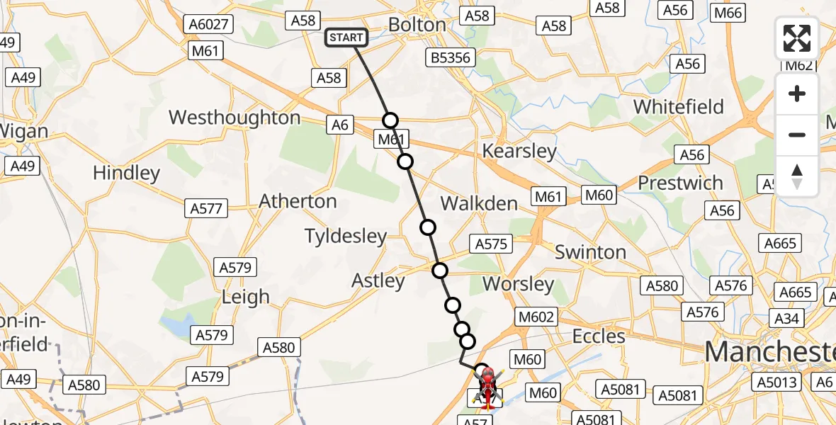 Flight path map showing Air Ambulance Helicopter route from Bolton to Manchester Barton Aerodrome